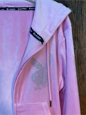 PLAYBOY Pink Velour Hoodie Jacket and pants with Rhinestone Bunny Accent